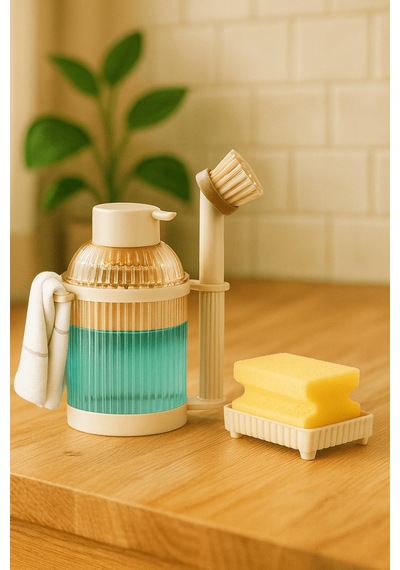4 Parça Mutfak & Banyo Beyaz Temizlik Seti Sıvı Sabunluk, Fırça, Havluluk & Süngerlik Beyaz