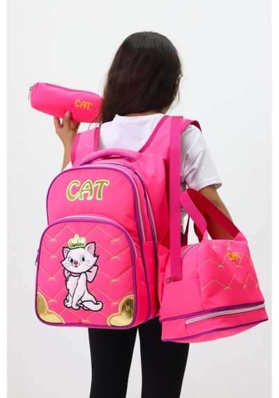 Kız Çocuk Cat Temalı 3'li Okul Ve Beslenme Çantası Seti Pembe & Sevimli Kedi Desenli Yeni Sezon Pembe