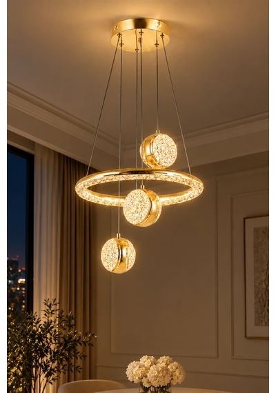 Modern Premium 3'lü Gold Küre 3 Renkli Ledli Sarkıt Avizesi Salon Mutfak Çocuk Odası Modelleri 84w Beyaz