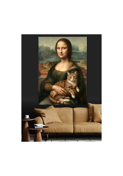 Kedili Mona Lisa Ünlü Ressam Yağlı Boya Dokulu Kanvas Tablo Canvas Tablosu