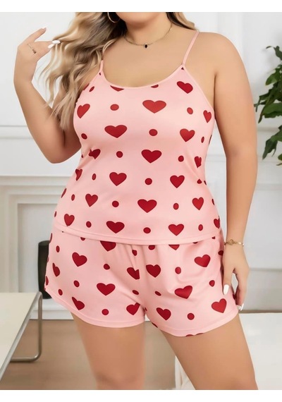 Senoramoda Büyük Beden Pembe Kalp Desen Pamuklu Şortlu Pijama Takımı