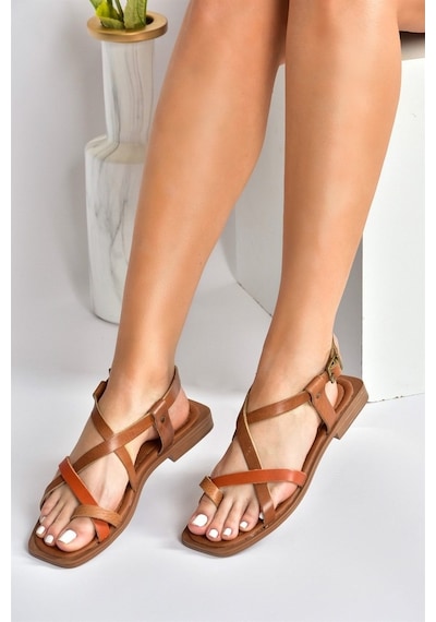 Fox Shoes Taba/Turuncu Hakiki Deri Parmak Arası Kadın Sandalet M2