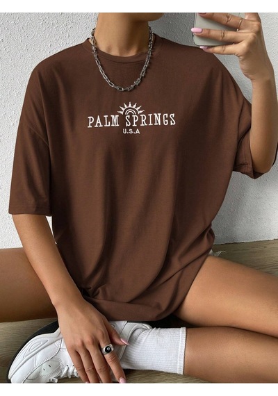 Palm Springs T-shirt - Kahverengi Baskılı Oversize Bisiklet Yaka Kısa Kol Tişört Kahverengi Palm Springs T-shirt - Kahverengi Baskılı Oversize Bisiklet Yaka Kısa Kol Tişört Kahverengi