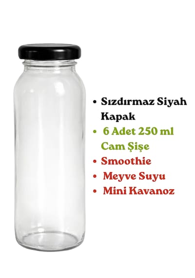 Cam Şişe 250 Ml 6 Lı Kapaklı Meyve Suyu, Smoothie, Limonata, Detoks, Mini Kavanoz