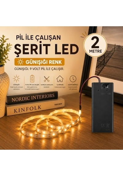 Günışığı Renk Pil Ile Çalışan Şerit Led 2 Metre Pilli Şerit Led Pil Dahil .