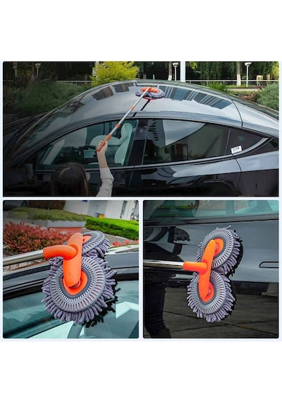 360 Dönebilen Teleskopik Mikrofiber Araba Yıkama Fırçası Çift Başlıklı Oto Temizlik Mopu Turuncu