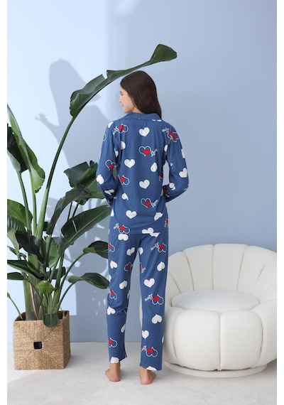 Pemilo Kadın 30013 Boydan Düğmeli Uzun Kol Pijama Takımı Mavi Mavi