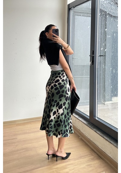Mixray 4647 Kadın Beli Lastikli Leopar Saten Etek Haki