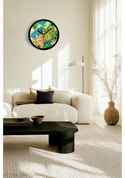 Tropikal Kaplan Modern Duvar Saati - 30cm - Önü Camlı Siyah Kasa - Sessiz Mekanizma-jh0003 Siyah
