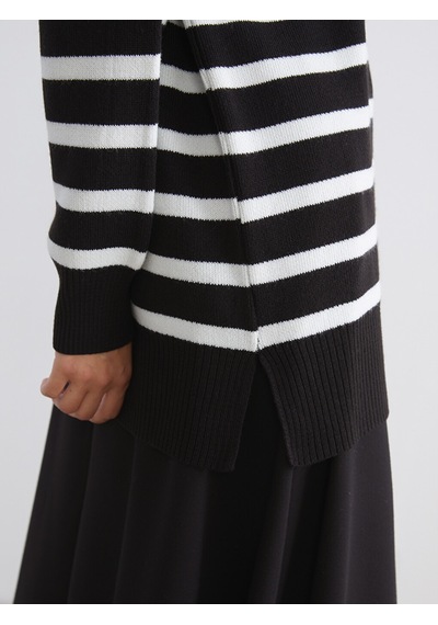 Lcw Modest Ekru Dik Yaka Çizgili Kadın Triko Tunik
