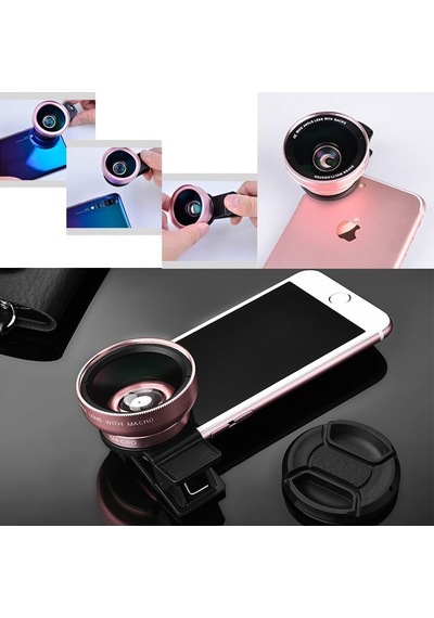 2'si 1 Arada Klipsli Telefon Kamera Lensi 0.45x Ultra Geniş Açı 10x Makro 37mm Evrensel 49mm Uv Port Rose Gold