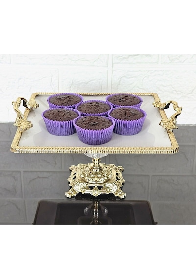 Porselen Küçük Sade Kare Servis Tabağı-sunumluk Döküm Gold Çerçeve Ve Ayaklı 22cm Beyaz