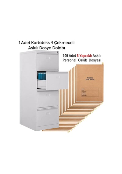 1 Adet Dört Çekmeceli Kartoteks Dosya Dolabı 100 Adet 8 Sayfalı Askılı Personel Özlük Dosyası Kampanyalı Fiyat