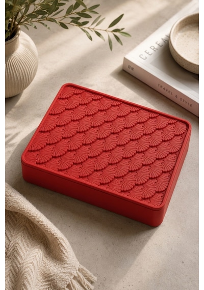 Desenli Kapaklı Dekoratif Kutu Masa Üstü Organizer Takı Aksesuar Saklama Kutusu Pla 20x12.5 Cm Kırmızı