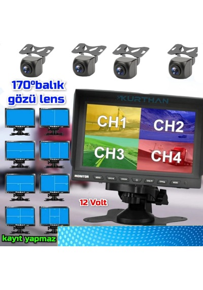 7'' Ekran + 4 Ad 170'' Geniş Açılı Kamera Seti Kayıt Yapmaz 12 V