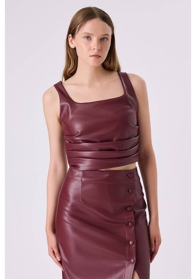 Fever Büzgülü Deri Kadın Crop Bluz 342114029 Bordo