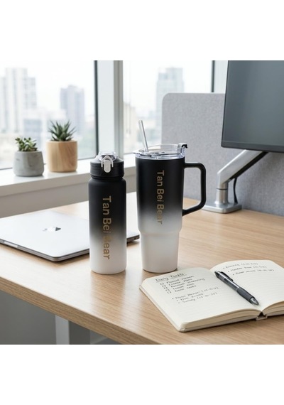 2 Li Matara Ve Pipetli Mug Bardak Seti 900 Ml Spor Suluk + 1500 Ml Pipetli Termal Mug Bardak, Günlük Kullanım İçin İçecek Seti Siyah Çok Renkli