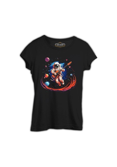 Uzayda Gitar - Astronot Siyah Bayan Tshirt 001