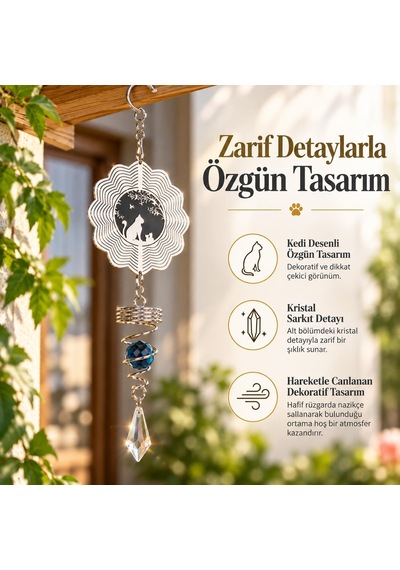 Kedi Desenli Rüzgar Çanı 36 Cm Metal Kristal Sarkıtlı Dekoratif Balkon Bahçe Asma Süsü