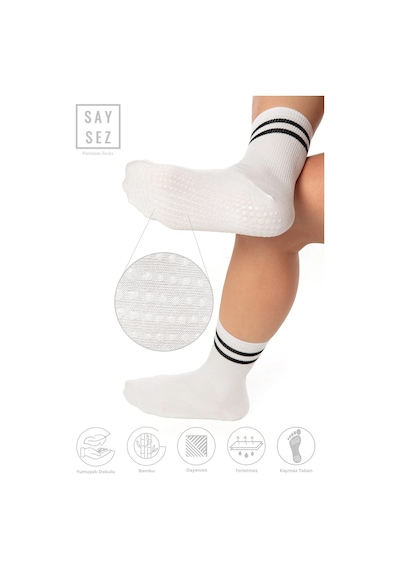 Saysez Bambu Kadın Kaydırmaz Taban Silikon Baskı Pilates Yoga Fitness Dans Aktivite Tenis Çorabı / Beyaz Renkli