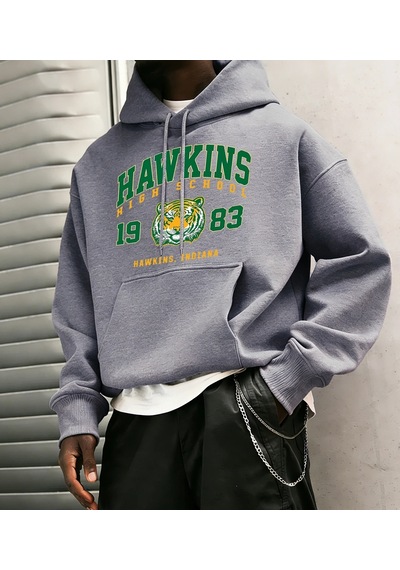 Startmore Tarzsokak Hawkins Lisesi 1983 Baskılı Erkek Hoody Moda Sıcak Kapüşonlular Polar Hip Hop Spor Giyim Cep Gri