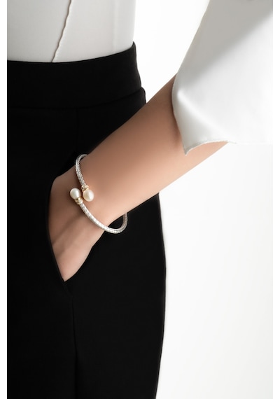 So Chic İtalyan Grace 18 Ayar Beyaz Altın Kaplama Gümüş Kelepçe Bileklik Beyaz