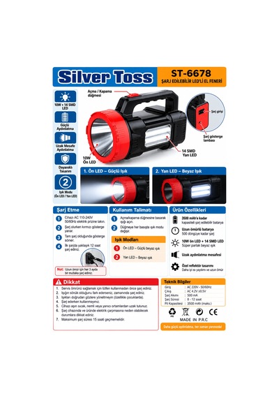 Silver Toss St-6678 Şarjlı Led El Feneri 10w 14 Smd Çift Aydınlatmalı Işıldak