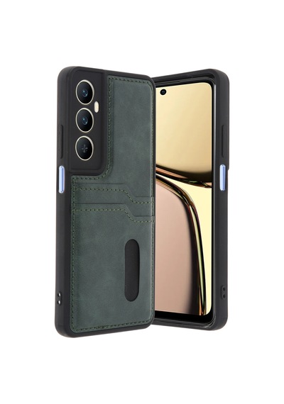Realme C65 Uyumlu Deri Kartvizitli Kartlıklı Premium Telefon Kılıfı Kapak Koyu Yeşil