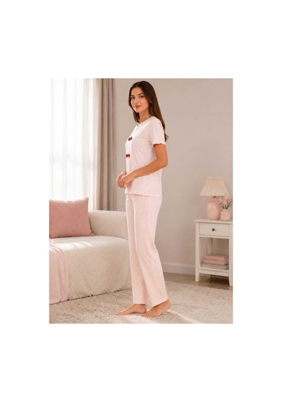Pijamask Kadın Pudra Pembe Baskılı Kısa Kollu Pijama Takımı Açık Pembe
