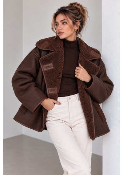 Lima Kahve Kadın Oversize Peluş Detaylı Süet Mont Kürk Yakalı Kışlık Ceket