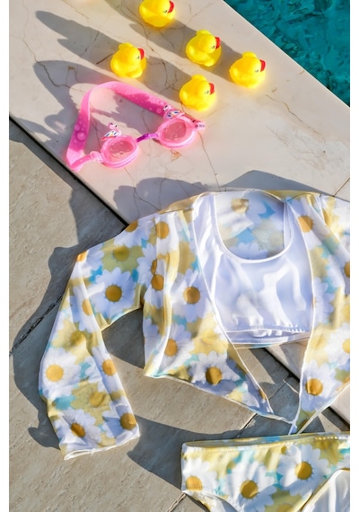Mayom Kız Çocuk Papatya Desenli Pareolu Bikini Takımı 3'lü Set-sarı-beyaz Beyaz - Sarı Mayom Kız Çocuk Papatya Desenli Pareolu Bikini Takımı 3'lü Set-sarı-beyaz Beyaz - Sarı