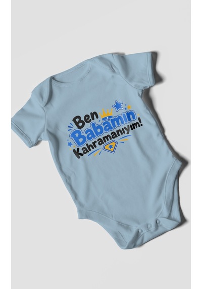 Morivokids Ben Babamın Kahramanıyım Kısa Kollu Bebek Body %100 Pamuk Bebe Mavisi
