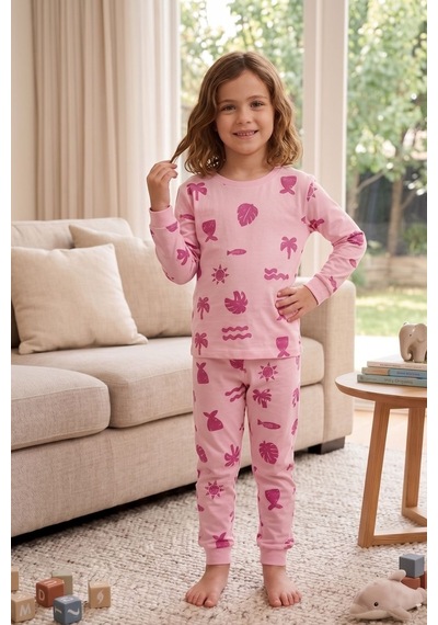 Zuzunga Deniz Temalı Pembe Renk %100 Pamuk Kız Çocuk Pijama Takımı Pudra
