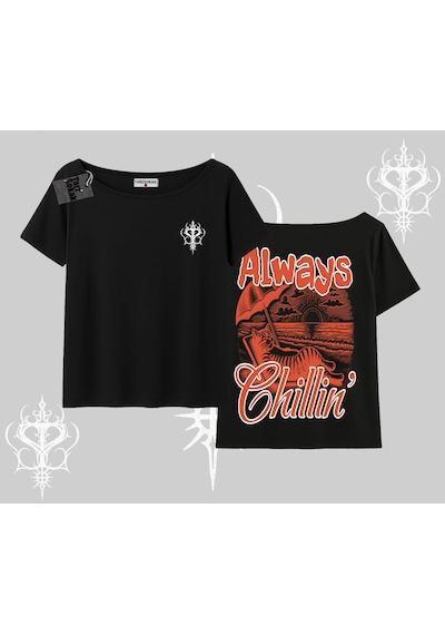 Tarzsokak Always Chillin Kedi Arka Baskılı Kayık Yaka Tshirt Siyah