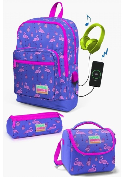 Coral High Kids Lavanta Pembe Flamingo Desenli Usb'li 3'lü Okul Çanta Seti - Kız Çocuk Çok Renkli