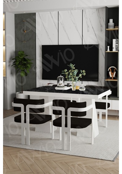 Avvio Leon Lake Mdf Ayak Tokyo Demonte Sandalye 80x120 Yemek Masası Mutfak Masası 4 Kişilik Siyah Mermer