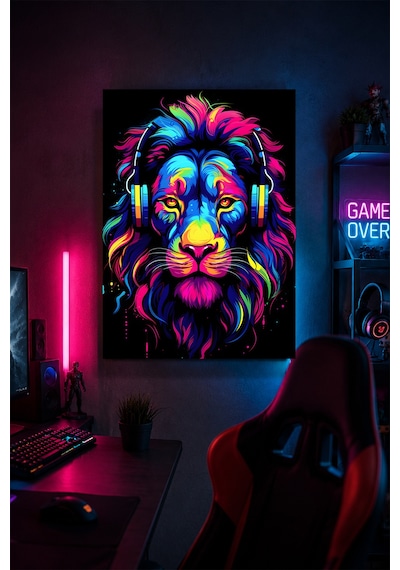 Kulaklıklı Aslan Metal Duvar Tablosu Renkli Gamer Oyun Odası Dekoru 30x40 Cm A3 Boyutunda
