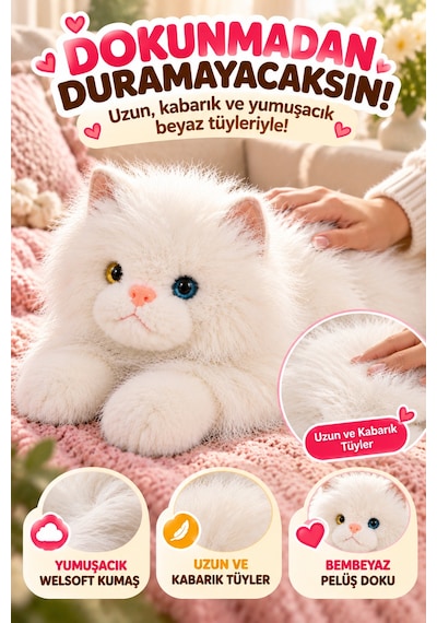 Beyaz Gerçek Kedi Görünümlü Pelüş Kedi 50 Cm Uzun Tüylü Yumuşacık Sarılmalık Dekoratif Oyuncak Kedi
