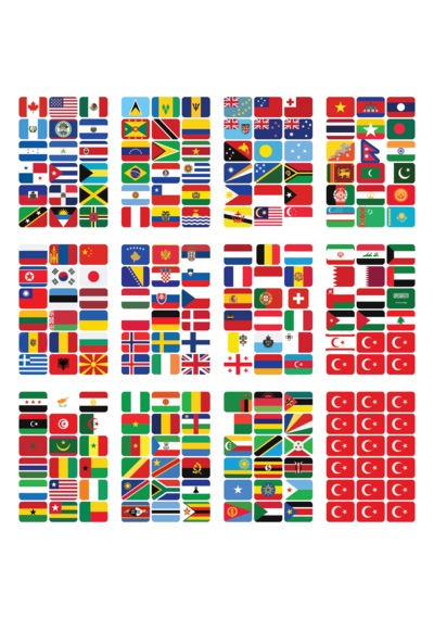 Dünya Ülkeleri Bayrak Çıkartma Seti 194 Ülke 216 Etiket 4x3 cm Sticker Okul Proje Etiketi