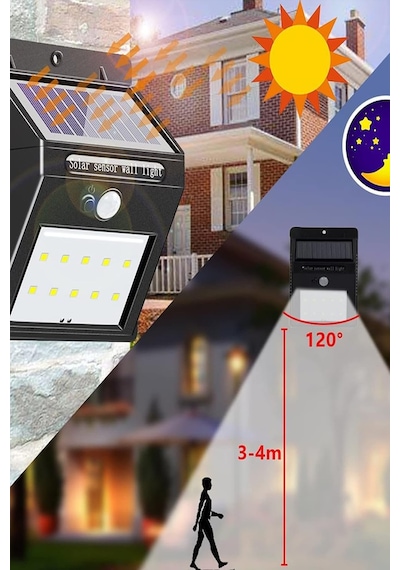 Ayrex Chermik Pır Hareket Sensörlü 20 Led Solar Güneş Enerjili Su Geçirmez Duvar Lambası