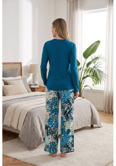 Findit Şık Tasarım Desenli Geniş Paçalı Yumuşak Dokulu Viskon Kumaş 2'li Pijama Takımı Mavi