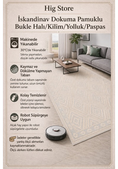İskandinav Dokuma Pamuklu Bukle Kaymaz Taban Yıkanabilir Salon Koridor Mutfak Yatak Odası Halısı Bej
