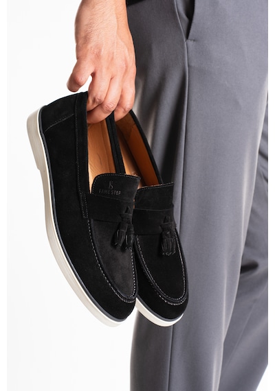 Fame Step Hakiki Deri Erkek Loafer Ayakkabı Süet Günlük Rahat Casual Mokasen Püsküllü Siena Siyah
