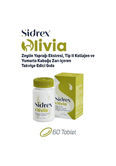 Sidrex Olivia Zeytin Yaprağı Eki Tip 2 Kolajen Yumurta Kabuğu Zarı İçeren Takviye Edici Gıda 60 Tablet