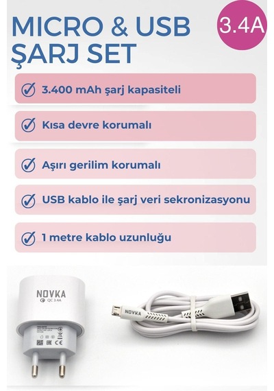 Novka NVK12 Micro Usb Girişli 3.4 A Şarj Cihazı 1 M
