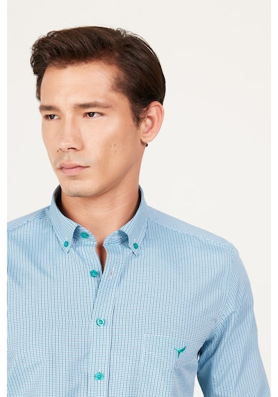 AC&Co / Altınyıldız Classics Erkek Lacı-yesıl Slim Fit Dar Kesim Düğmeli Yaka Logolu Cepli Pamuklu Çizgili Gömlek Lacivert - Yeşil