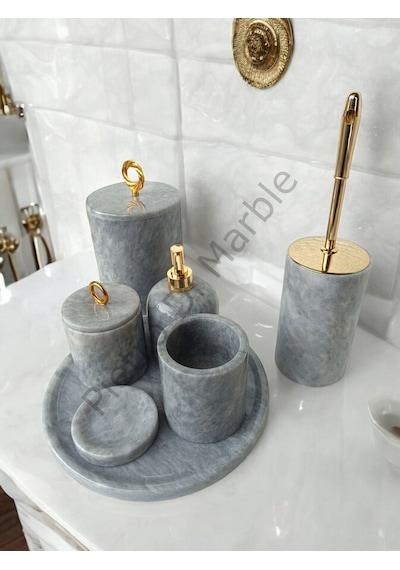 Gri Mermer Klasik Model 7 Parça Gold Renk Halka Aksesuarlı Banyo Seti Gri