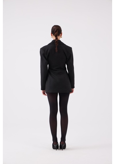 Holly Lolly Belden Oturmalı Çizgili Fit Kesim Karen Blazer Ceket Siyah
