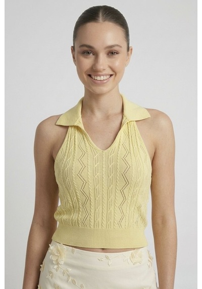Neden Tekstil Kadın Polo Yaka Sırt Dekolteli Crop Bluz - Sarı