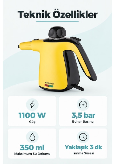 Kochler Buharlı Temizlik Makinesi 3.5 Bar Basınçlı El Tipi Temizleyici Ve Mop